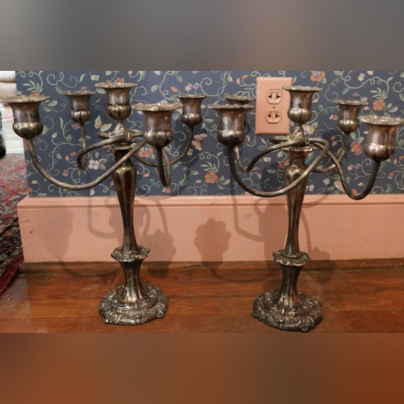 Other - PAIR of Heavy Silverplated 5 Light Candelabras - Measuring 16" Tall 14" Across